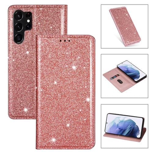 For Samsung Galaxy S25 Ultra Case Glittery PU Leather+TPU Card Slot Phone Cover - Rose Gold - 1