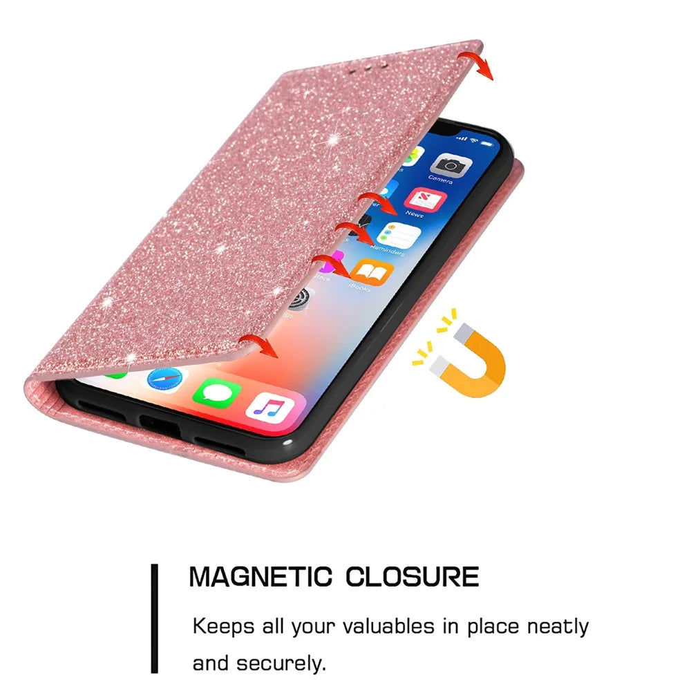 For Samsung Galaxy S25 Ultra Case Glittery PU Leather+TPU Card Slot Phone Cover - Rose Gold - 5