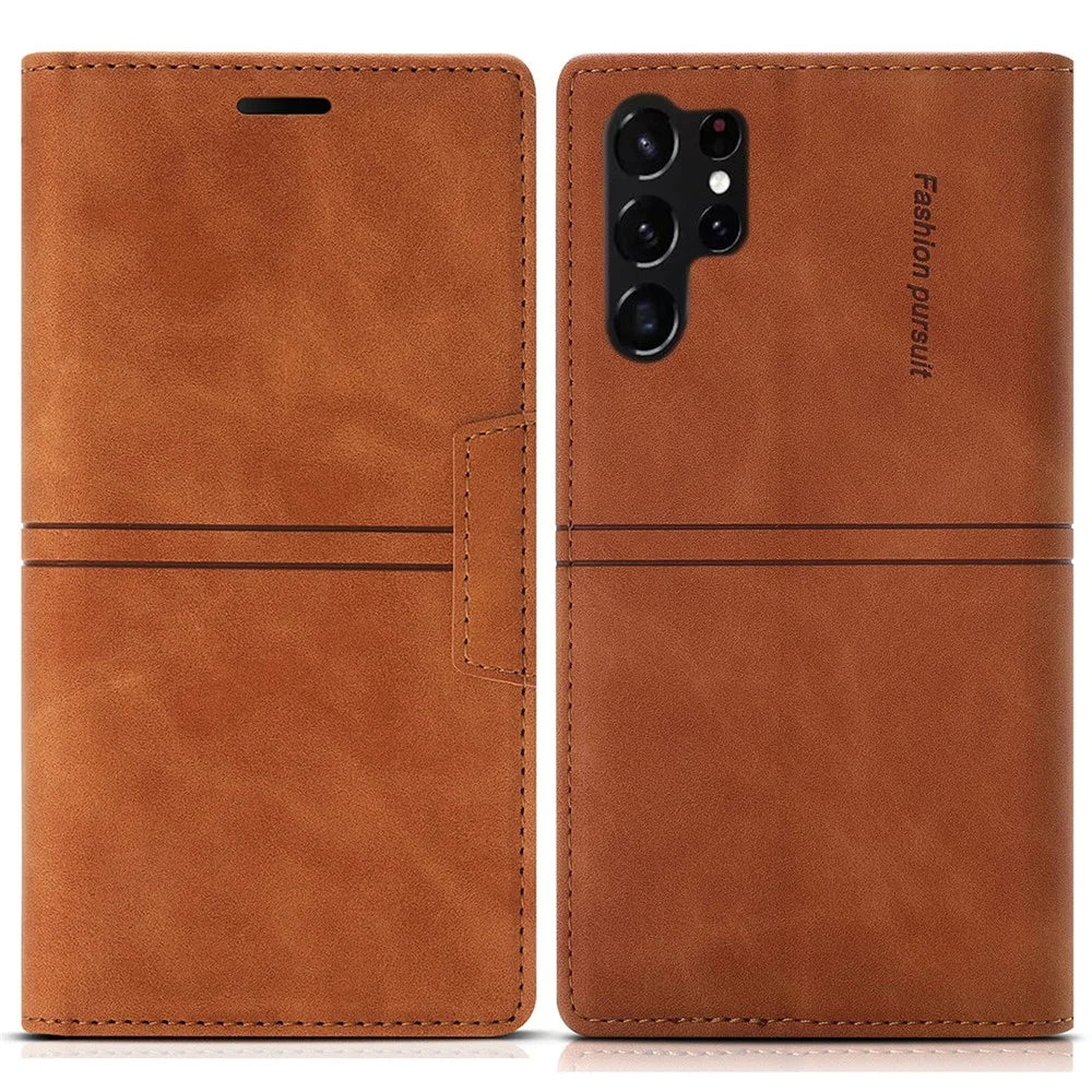 For Samsung Galaxy S25 Ultra Wallet Case Magnetic Closing Leather Phone Cover - Brown - 1