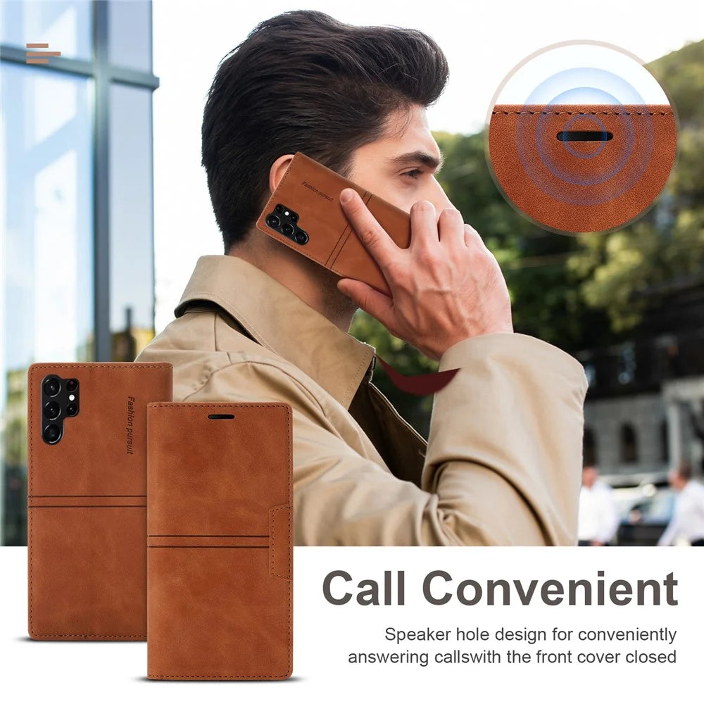 For Samsung Galaxy S25 Ultra Wallet Case Magnetic Closing Leather Phone Cover - Brown - 6