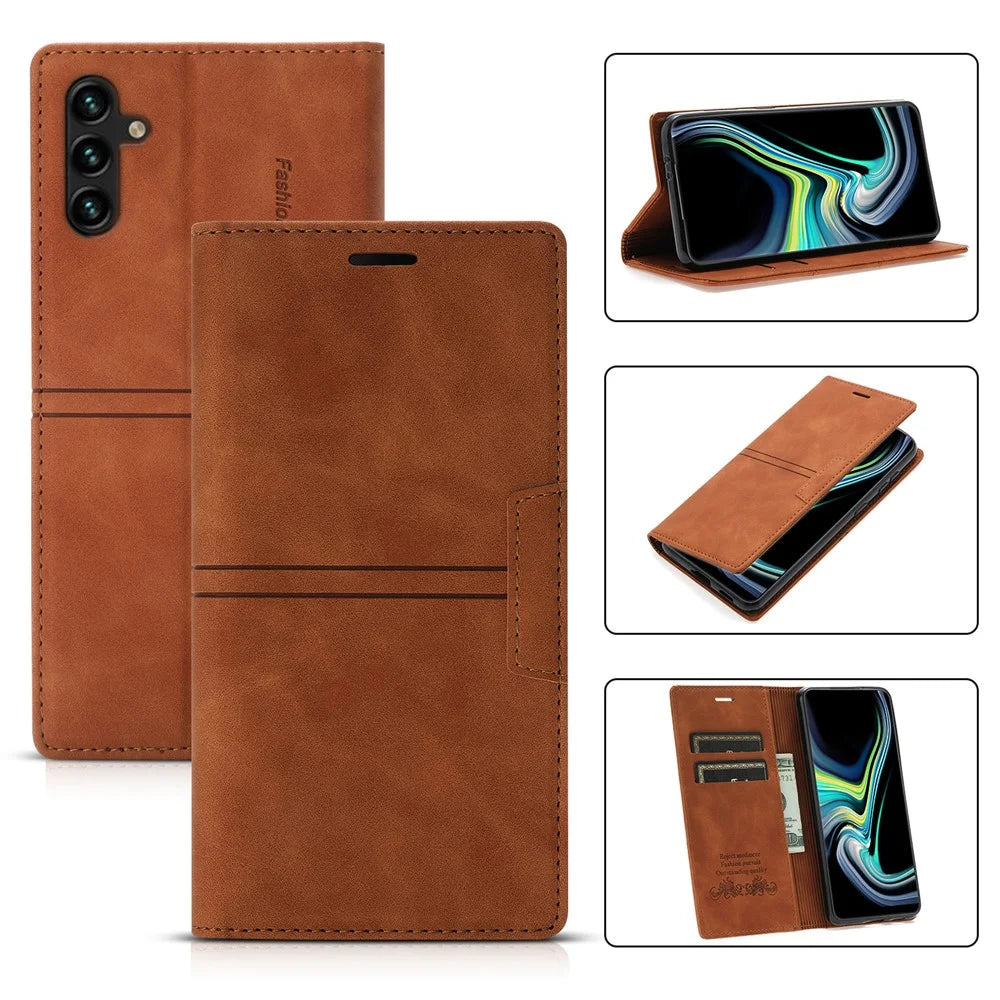 For Samsung Galaxy S25+ Wallet Case Magnetic Closing Leather Phone Cover - Brown - 6