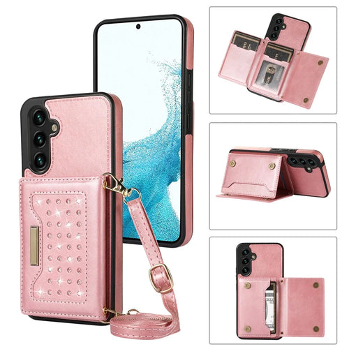 For Samsung Galaxy S25+ Case Wallet RFID Blocking TPU Leather Phone Cover with Lanyard - Rose Gold - 1