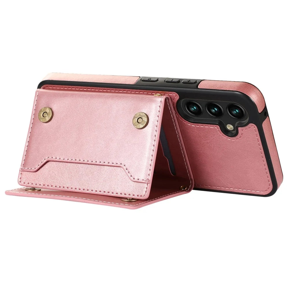 For Samsung Galaxy S25+ Case Wallet RFID Blocking TPU Leather Phone Cover with Lanyard - Rose Gold - 3