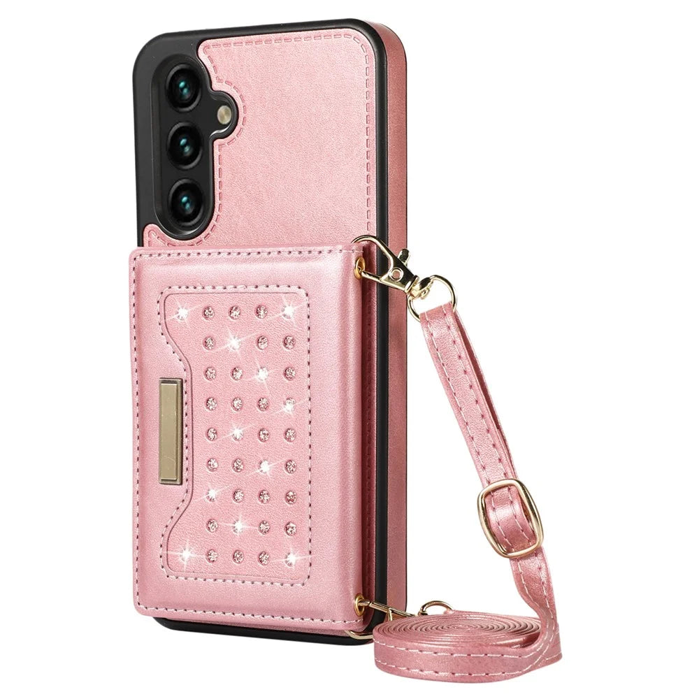 For Samsung Galaxy S25+ Case Wallet RFID Blocking TPU Leather Phone Cover with Lanyard - Rose Gold - 6