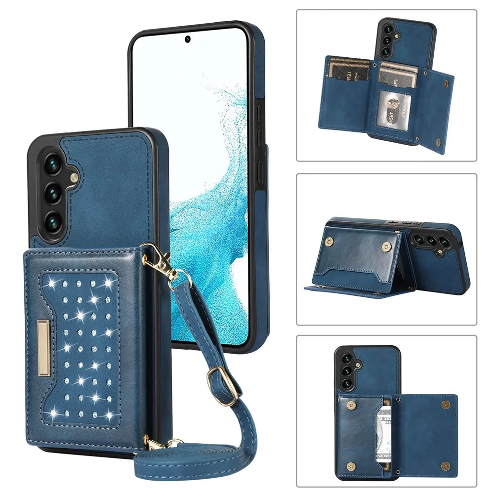 For Samsung Galaxy S25 Case Wallet RFID Blocking TPU Leather Phone Cover with Lanyard - Blue - 1
