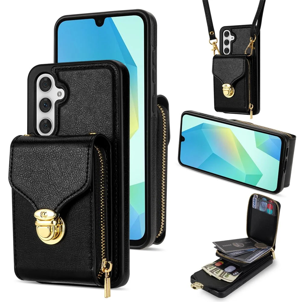For Samsung Galaxy A16 5G  /  4G Case Zipper Wallet Leather+TPU Phone Cover with Strap - Black - 1