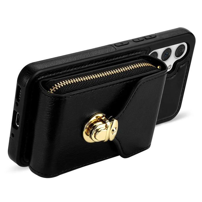 For Samsung Galaxy A16 5G  /  4G Case Zipper Wallet Leather+TPU Phone Cover with Strap - Black - 3