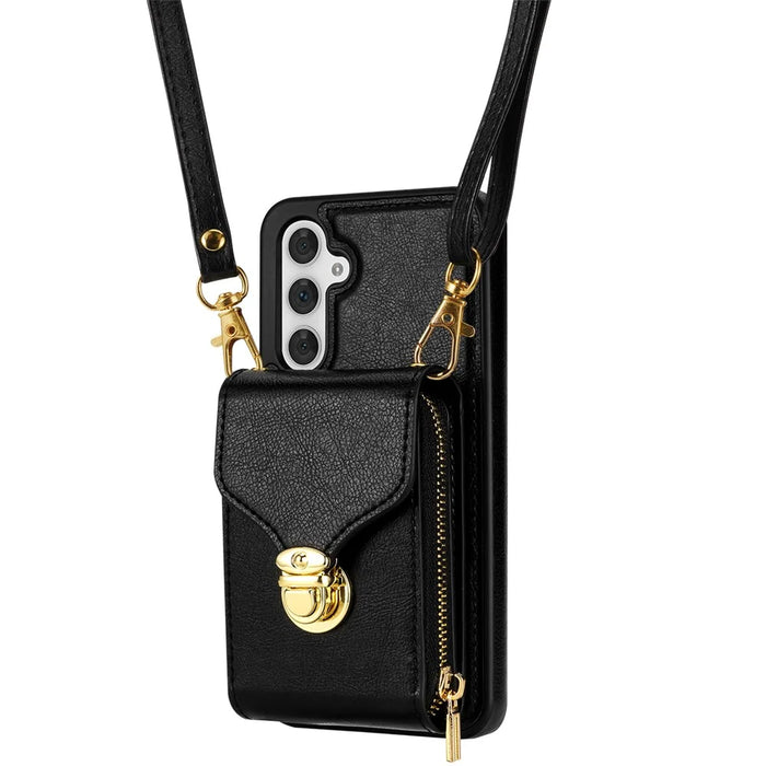 For Samsung Galaxy A16 5G  /  4G Case Zipper Wallet Leather+TPU Phone Cover with Strap - Black - 6