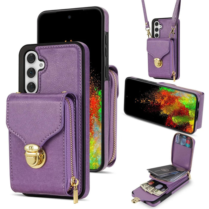 For Samsung Galaxy S25 Case Zipper Wallet Leather+TPU Phone Cover with Strap - Purple - 1
