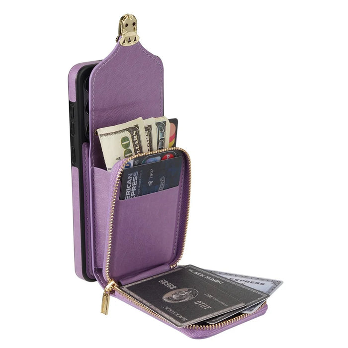 For Samsung Galaxy S25 Case Zipper Wallet Leather+TPU Phone Cover with Strap - Purple - 4