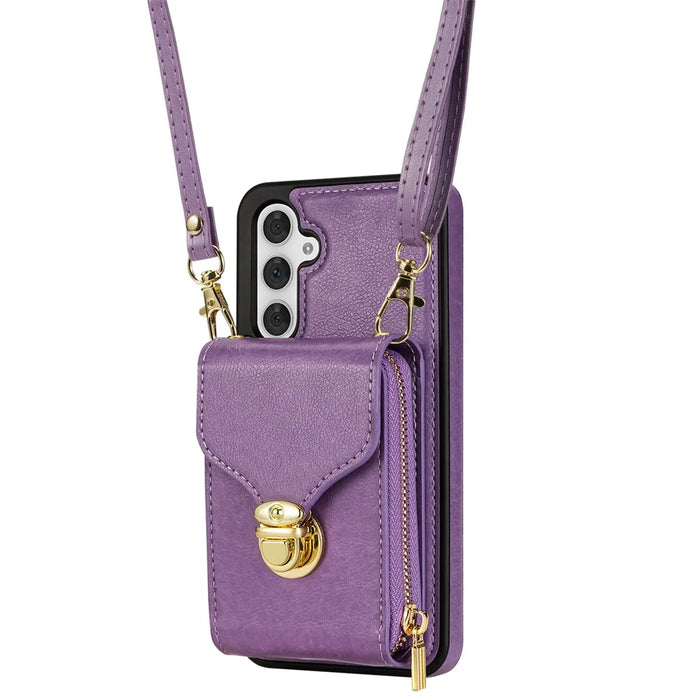 For Samsung Galaxy S25 Case Zipper Wallet Leather+TPU Phone Cover with Strap - Purple - 6