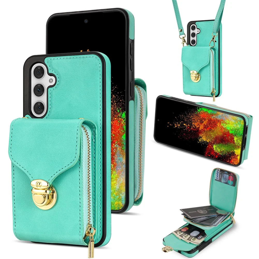 For Samsung Galaxy S25+ Case Zipper Wallet Leather+TPU Phone Cover with Strap - Mint Green - 1