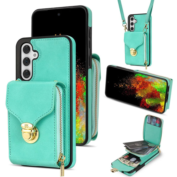 For Samsung Galaxy S25+ Case Zipper Wallet Leather+TPU Phone Cover with Strap - Mint Green - 1