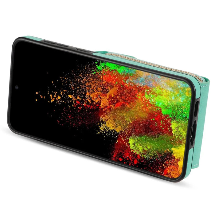 For Samsung Galaxy S25+ Case Zipper Wallet Leather+TPU Phone Cover with Strap - Mint Green - 2