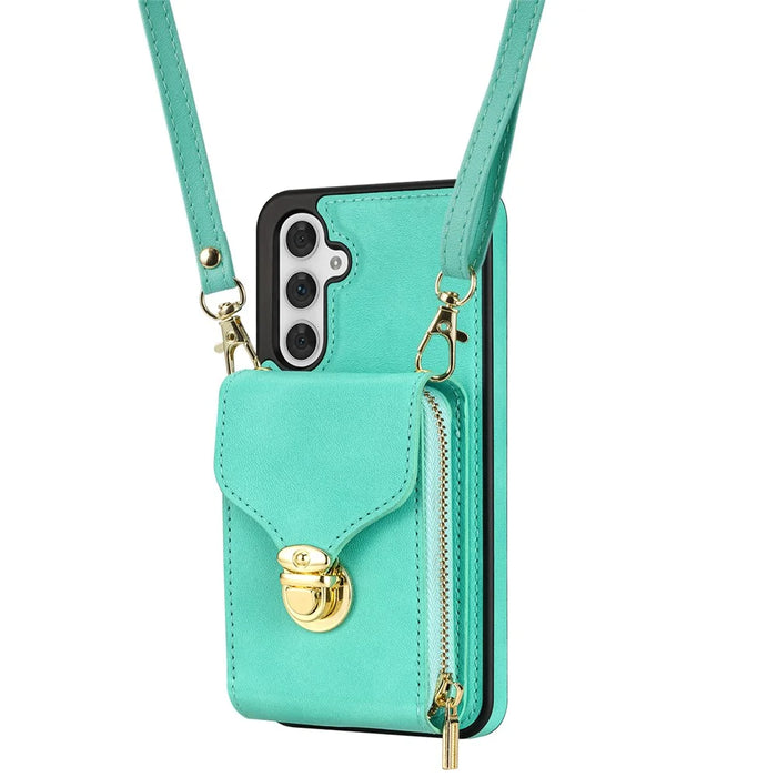 For Samsung Galaxy S25+ Case Zipper Wallet Leather+TPU Phone Cover with Strap - Mint Green - 6