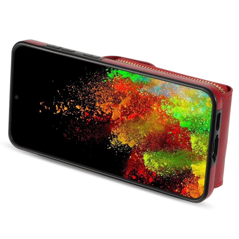 For Samsung Galaxy S24 FE Case Zipper Wallet Leather+TPU Phone Cover with Strap - Red - 2