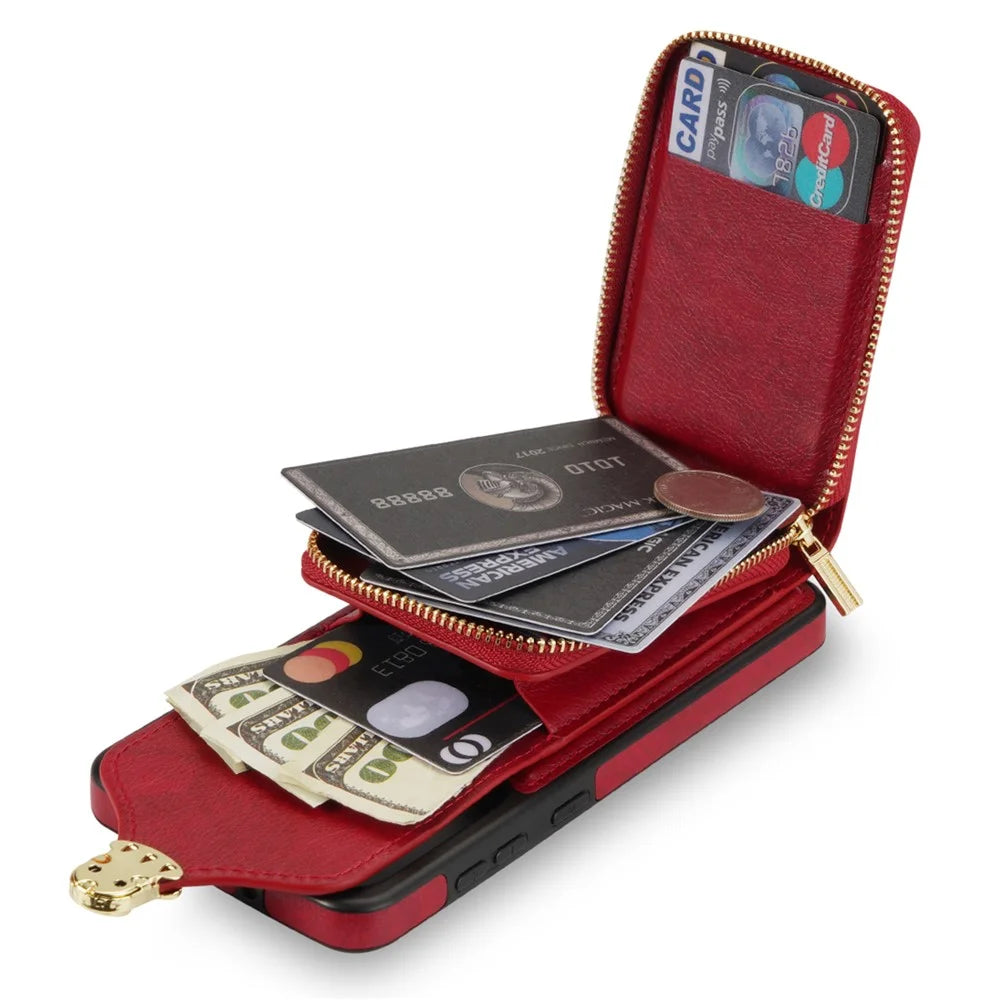 For Samsung Galaxy S24 FE Case Zipper Wallet Leather+TPU Phone Cover with Strap - Red - 5