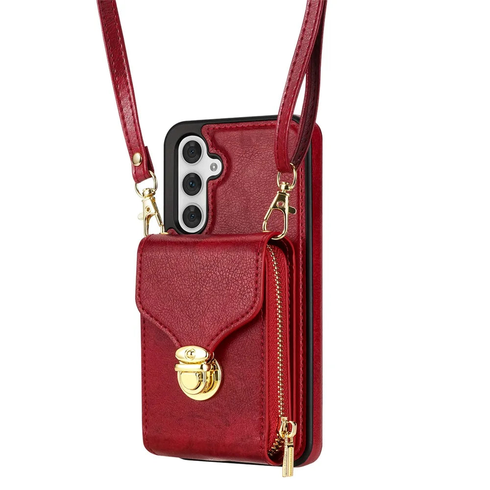 For Samsung Galaxy S24 FE Case Zipper Wallet Leather+TPU Phone Cover with Strap - Red - 6