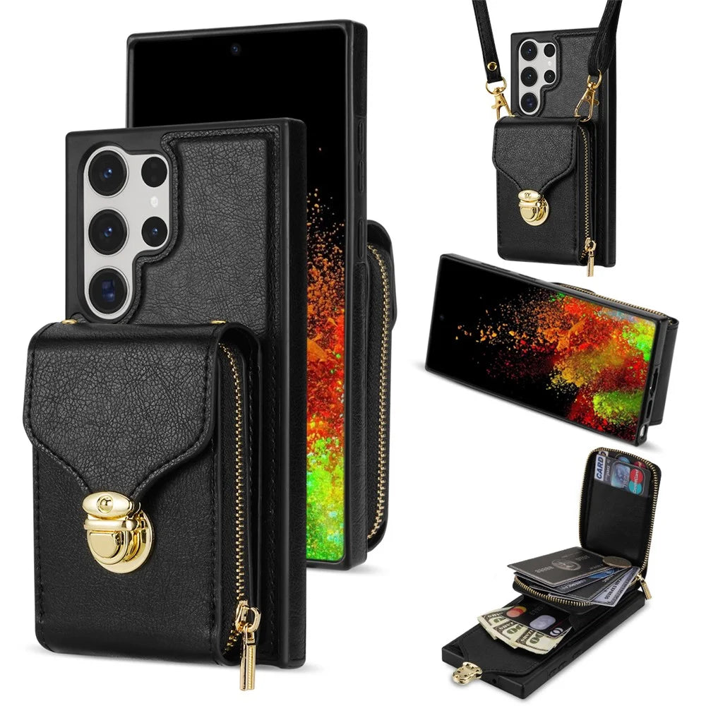 For Samsung Galaxy S25 Ultra Case Zipper Wallet Leather+TPU Phone Cover with Strap - Black - 1