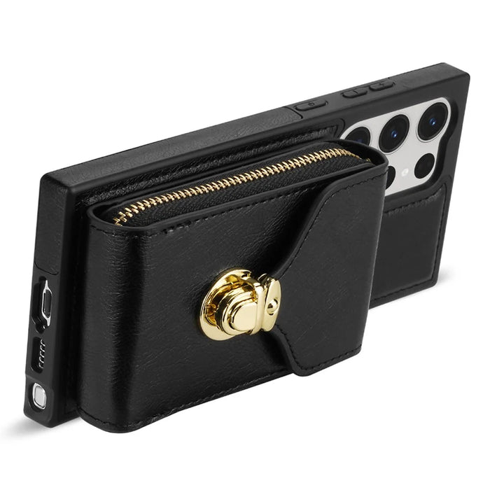 For Samsung Galaxy S25 Ultra Case Zipper Wallet Leather+TPU Phone Cover with Strap - Black - 2