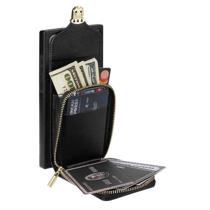 For Samsung Galaxy S25 Ultra Case Zipper Wallet Leather+TPU Phone Cover with Strap - Black - 4