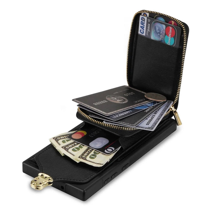 For Samsung Galaxy S25 Ultra Case Zipper Wallet Leather+TPU Phone Cover with Strap - Black - 5