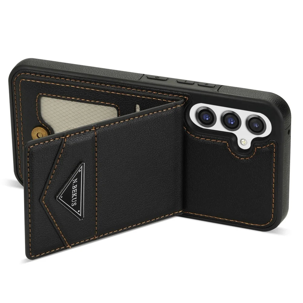 N.BEKUS For Samsung Galaxy S25 Case Leather+TPU Kickstand Phone Cover with Card Holder - Black - 4
