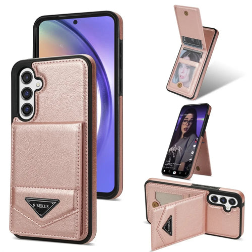N.BEKUS For Samsung Galaxy S24 FE Case Leather+TPU Kickstand Phone Cover with Card Holder - Pink - 1