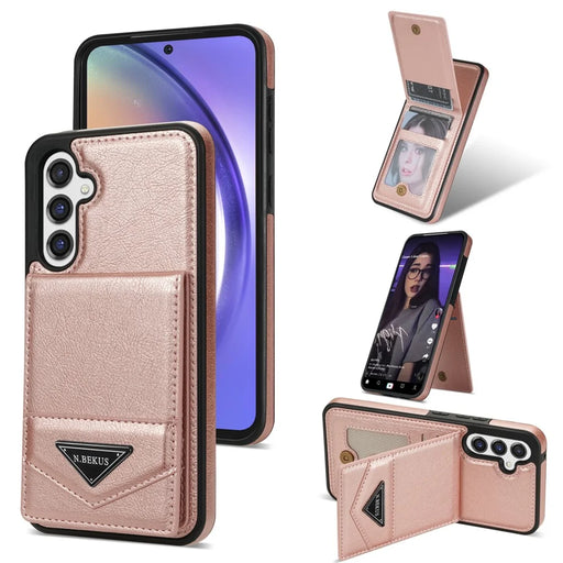 N.BEKUS For Samsung Galaxy S24 FE Case Leather+TPU Kickstand Phone Cover with Card Holder - Pink - 1