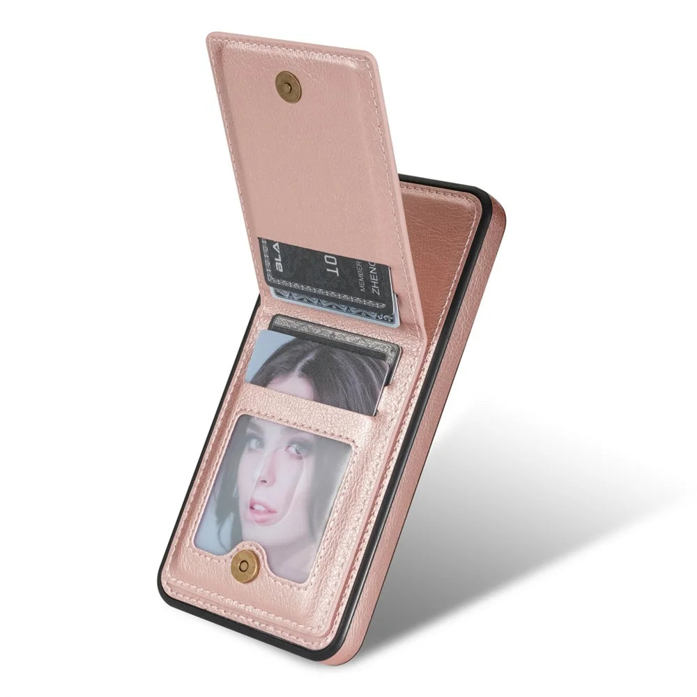 N.BEKUS For Samsung Galaxy S24 FE Case Leather+TPU Kickstand Phone Cover with Card Holder - Pink - 3