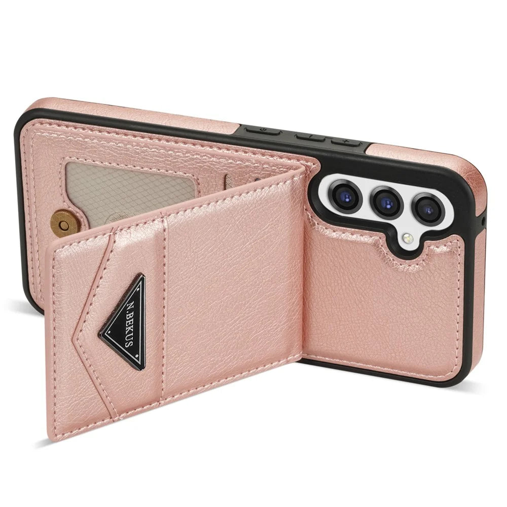 N.BEKUS For Samsung Galaxy S24 FE Case Leather+TPU Kickstand Phone Cover with Card Holder - Pink - 4