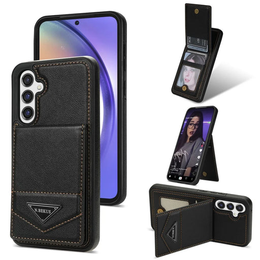 N.BEKUS For Samsung Galaxy S25+ Case Leather+TPU Kickstand Phone Cover with Card Holder - Black - 1