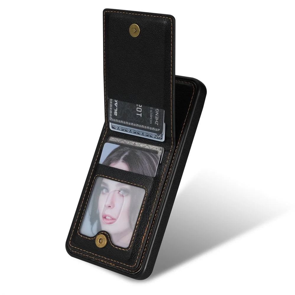 N.BEKUS For Samsung Galaxy S25+ Case Leather+TPU Kickstand Phone Cover with Card Holder - Black - 3