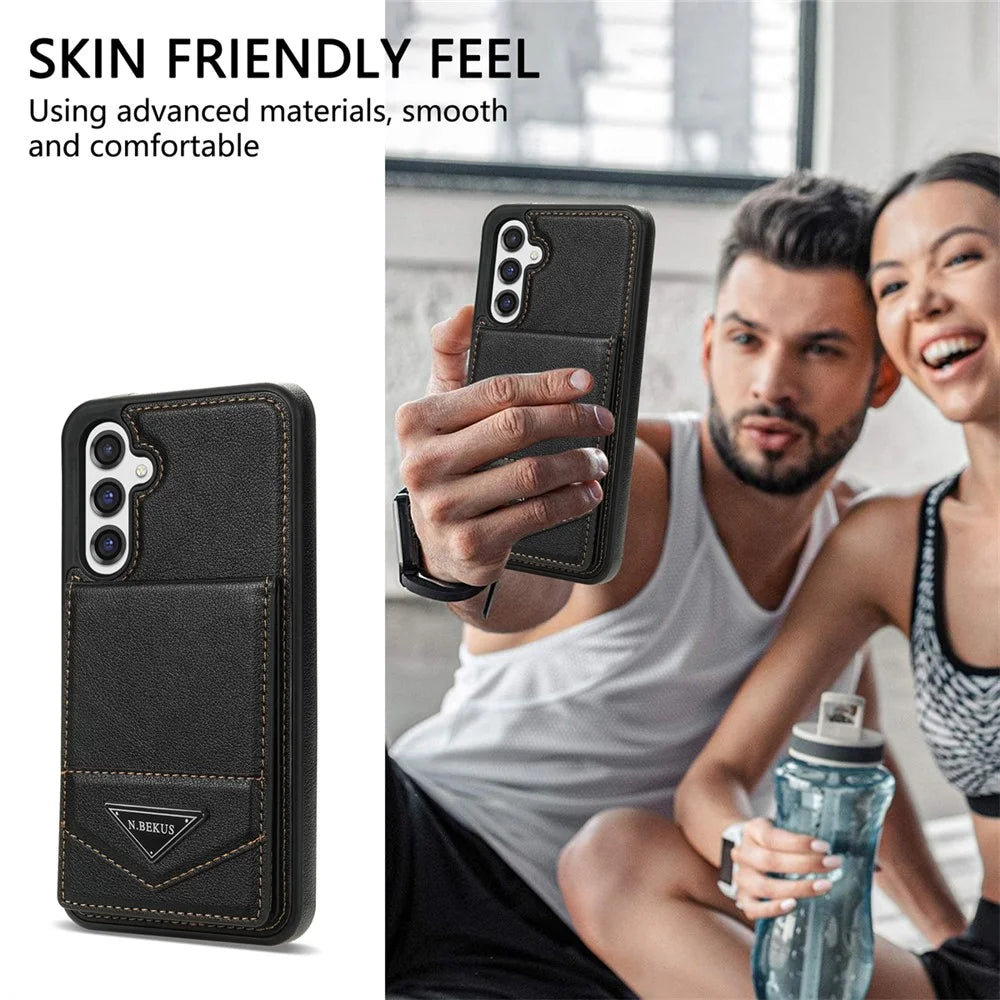 N.BEKUS For Samsung Galaxy S25+ Case Leather+TPU Kickstand Phone Cover with Card Holder - Black - 5