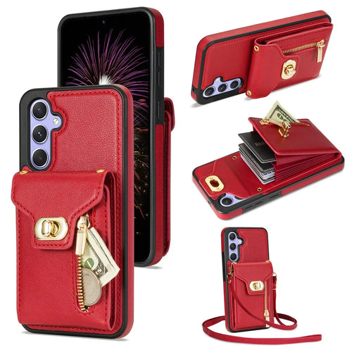 For Samsung Galaxy S25 Case Leather + TPU Phone Cover with Card Bag, Shoulder Strap - Red - 1