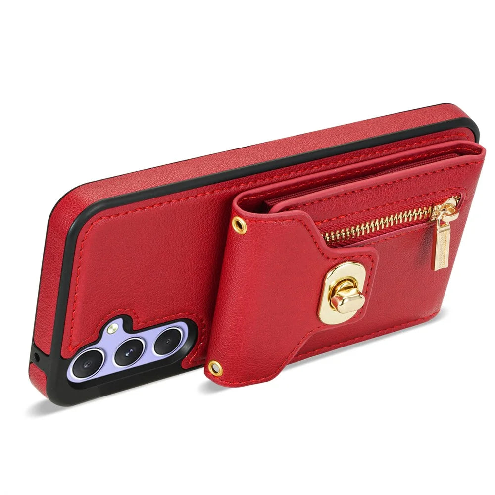 For Samsung Galaxy S25 Case Leather + TPU Phone Cover with Card Bag, Shoulder Strap - Red - 2