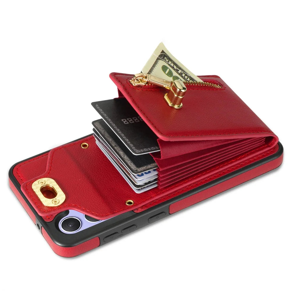 For Samsung Galaxy S25 Case Leather + TPU Phone Cover with Card Bag, Shoulder Strap - Red - 3