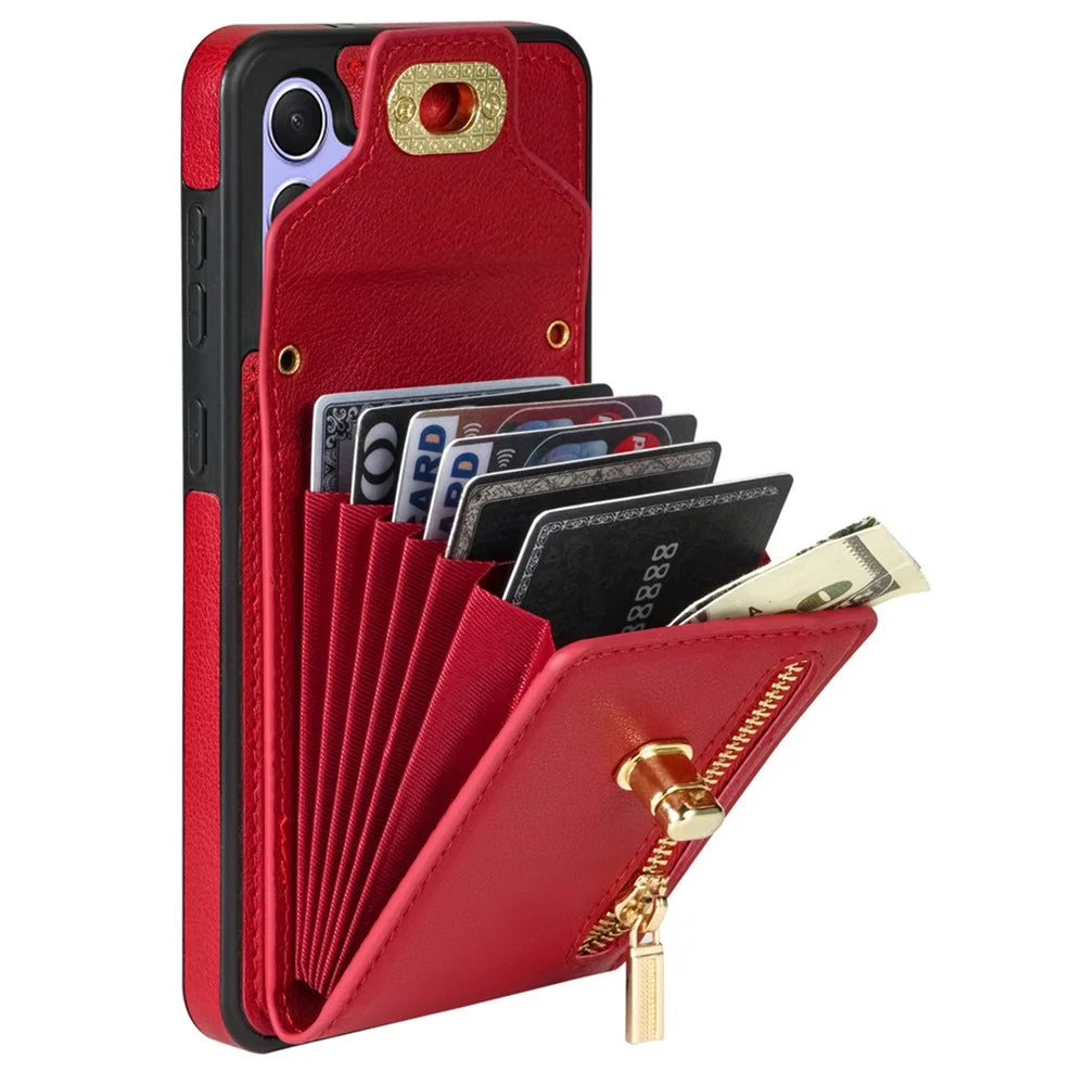 For Samsung Galaxy S25 Case Leather + TPU Phone Cover with Card Bag, Shoulder Strap - Red - 4