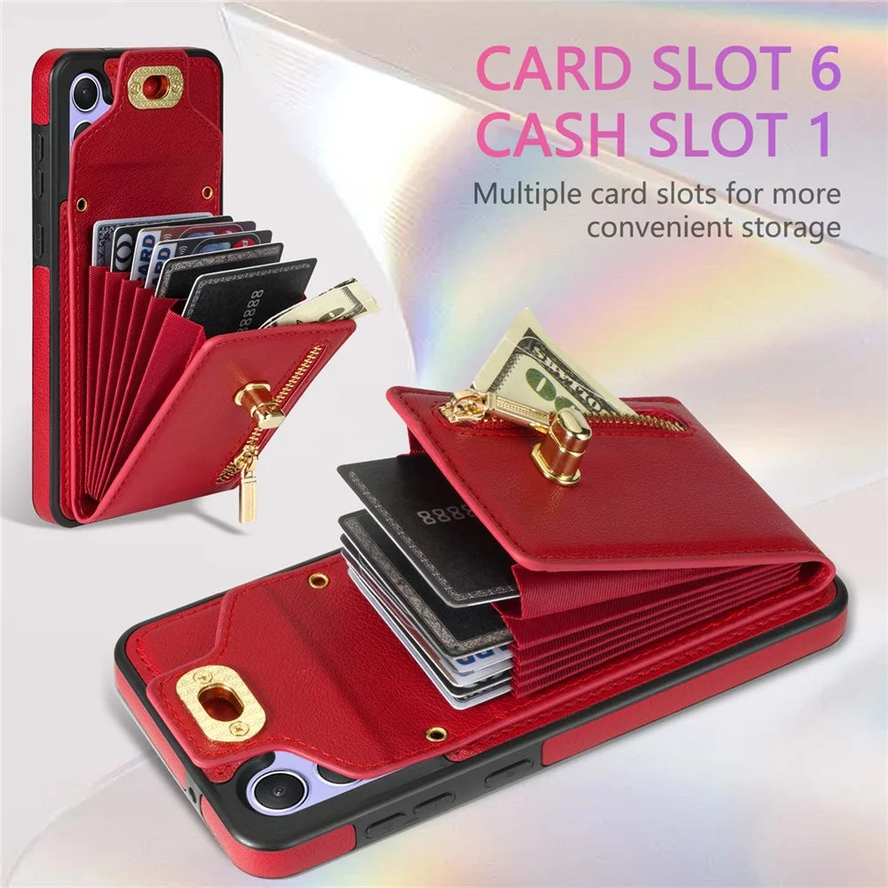 For Samsung Galaxy S25 Case Leather + TPU Phone Cover with Card Bag, Shoulder Strap - Red - 5