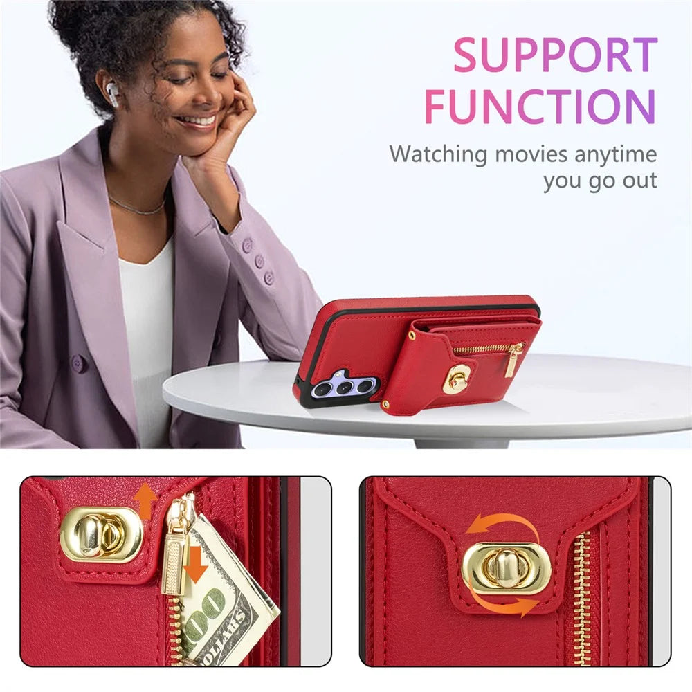 For Samsung Galaxy S25 Case Leather + TPU Phone Cover with Card Bag, Shoulder Strap - Red - 6