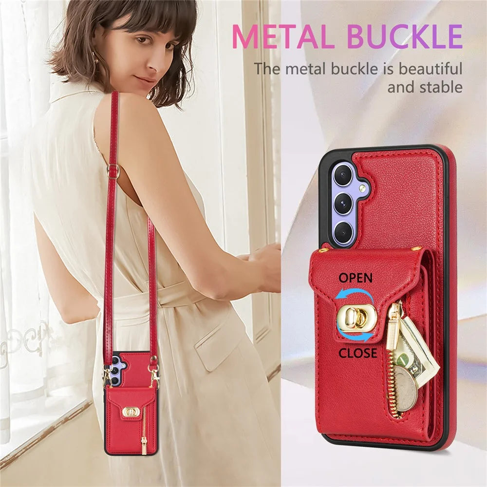 For Samsung Galaxy S25 Case Leather + TPU Phone Cover with Card Bag, Shoulder Strap - Red - 7