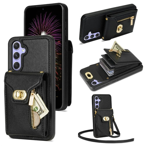 For Samsung Galaxy S24 FE Case Leather + TPU Phone Cover with Card Bag, Shoulder Strap - Black - 1