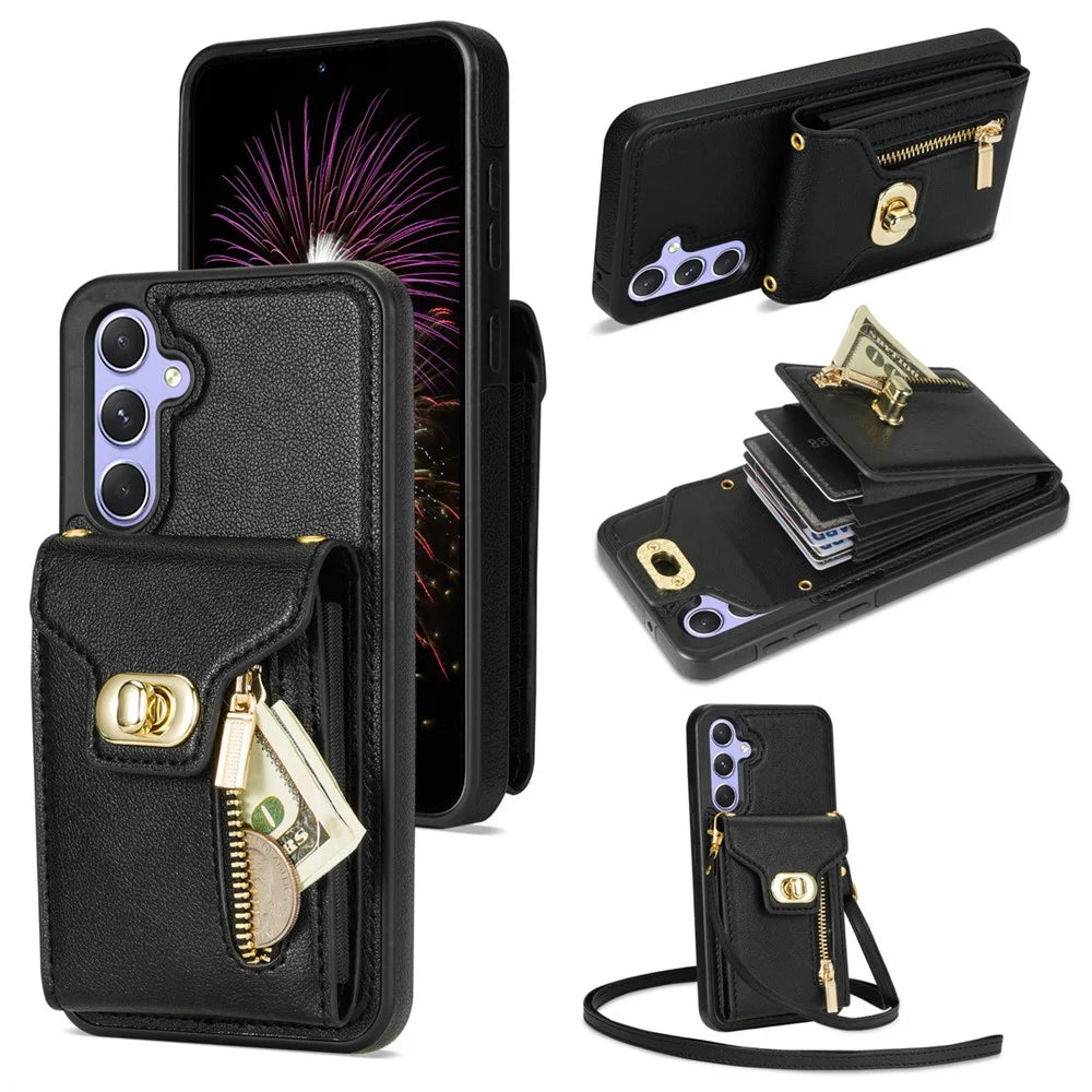 For Samsung Galaxy S24 FE Case Leather + TPU Phone Cover with Card Bag, Shoulder Strap - Black - 1