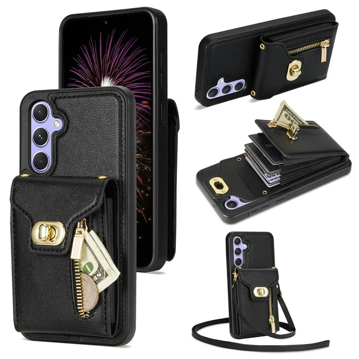 For Samsung Galaxy S24 FE Case Leather + TPU Phone Cover with Card Bag, Shoulder Strap - Black - 1
