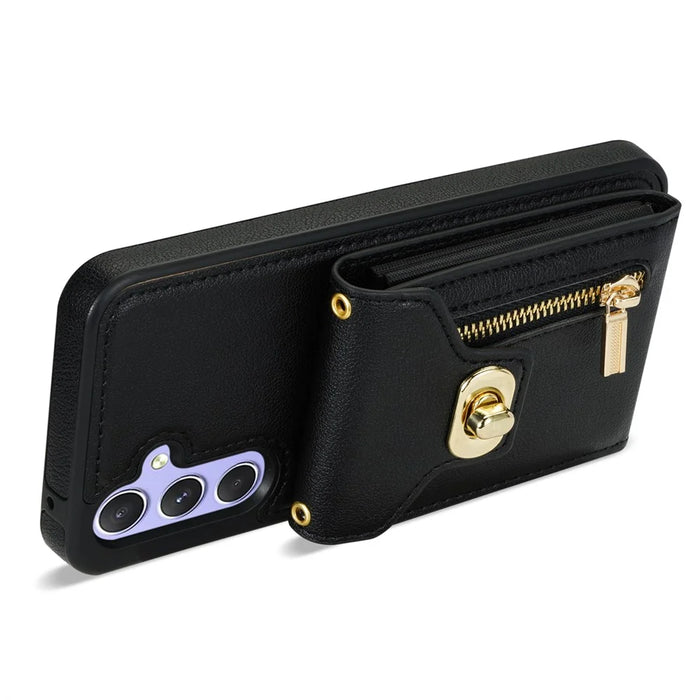 For Samsung Galaxy S24 FE Case Leather + TPU Phone Cover with Card Bag, Shoulder Strap - Black - 2