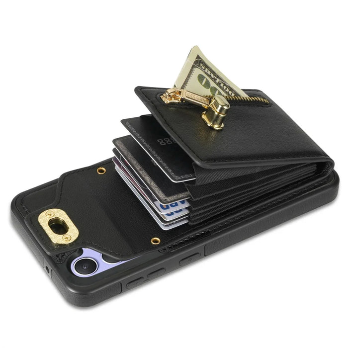 For Samsung Galaxy S24 FE Case Leather + TPU Phone Cover with Card Bag, Shoulder Strap - Black - 3
