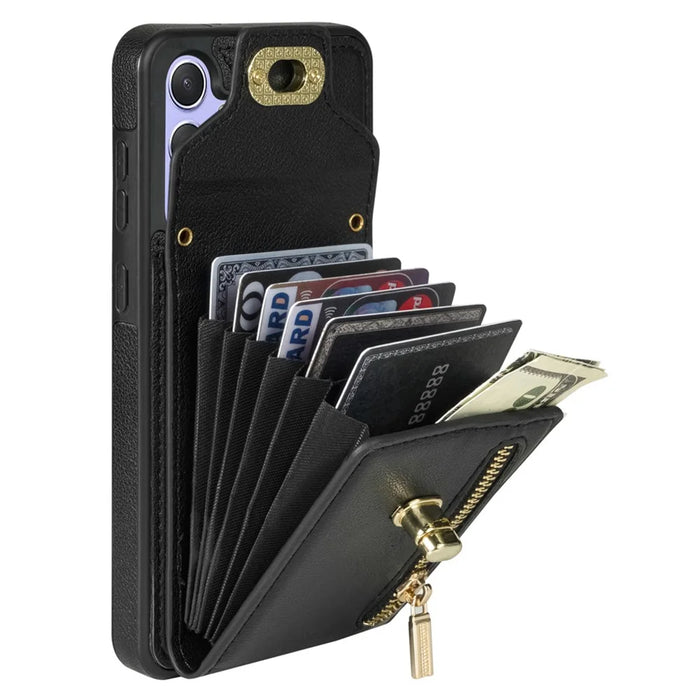 For Samsung Galaxy S24 FE Case Leather + TPU Phone Cover with Card Bag, Shoulder Strap - Black - 4