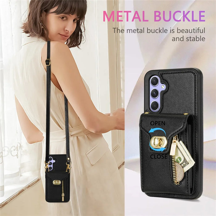 For Samsung Galaxy S24 FE Case Leather + TPU Phone Cover with Card Bag, Shoulder Strap - Black - 7