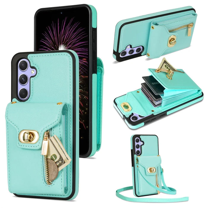 For Samsung Galaxy S25+ Case Leather + TPU Phone Cover with Card Bag, Shoulder Strap - Green - 1