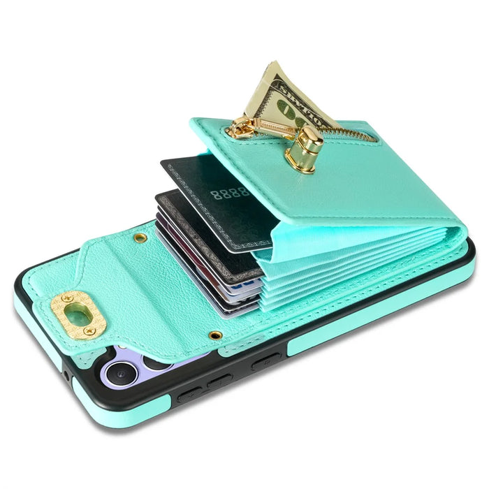 For Samsung Galaxy S25+ Case Leather + TPU Phone Cover with Card Bag, Shoulder Strap - Green - 3